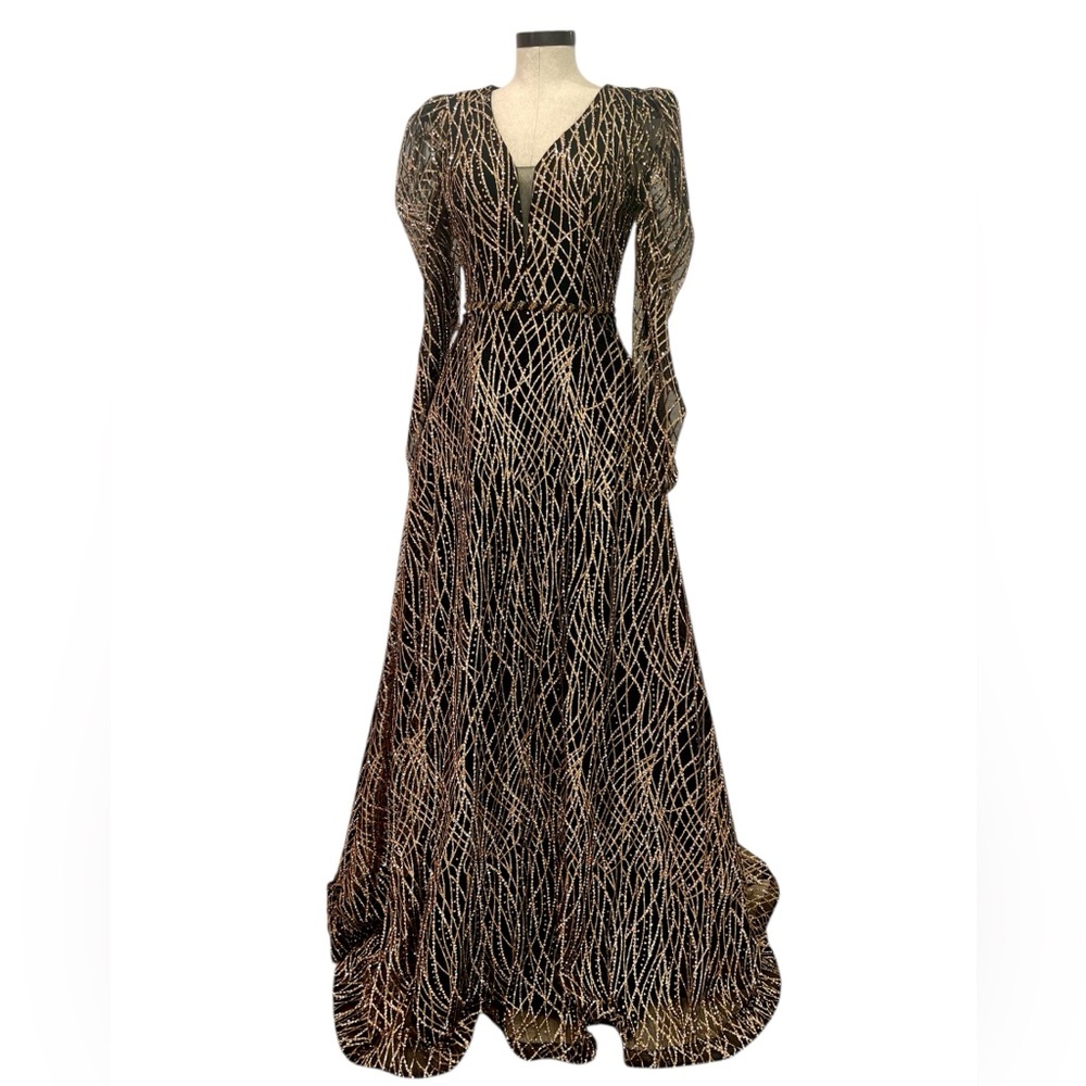 Black and Gold Long Sleeve V-Neck Gown for Prom